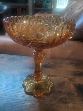 Vintage Amber Fenton Glass Cabbage Rose Compote Pedestal Bowl 1930-1950